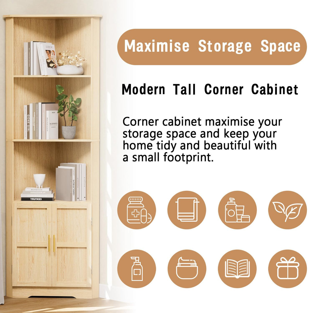 ROMMAK Corner Cabinet, 67'' Tall Corner Storage Cabinet with 2 Barn Doors and Adjustable Shelves for Living Room, Kitchen, Bathroom, Laundry Room, Natural Wood ROMMAK