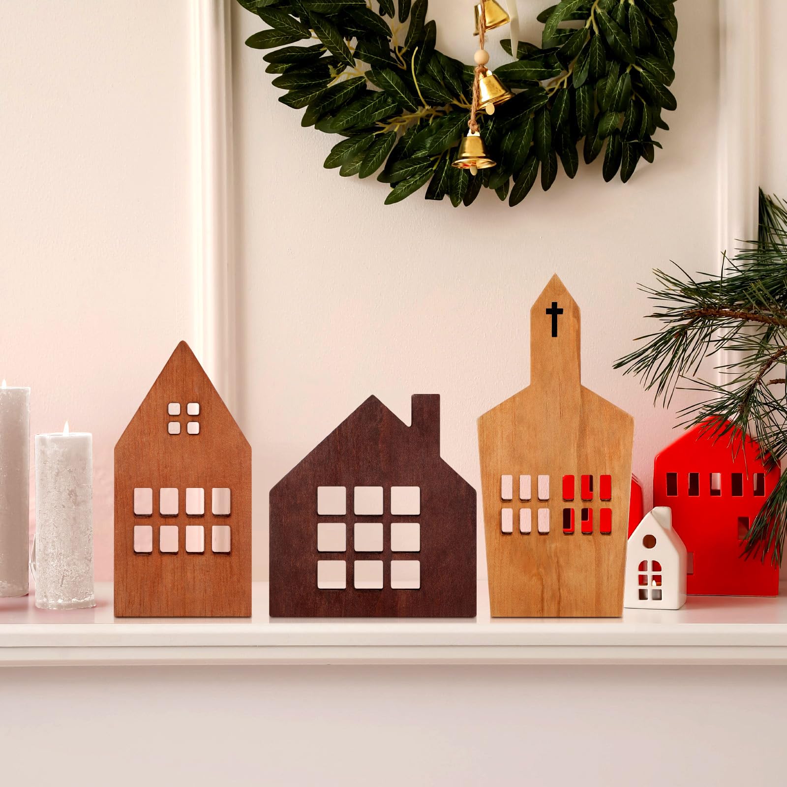 Yousoontic 3 Pcs House Shaped Wooden Sign Block Farmhouse Tabletop Christmas Decorations Christmas Village Rustic Wood Houses Cutouts Decor for Tiered Tray Home Table Shelf Fireplace(Farmhous - WoodArtSupply