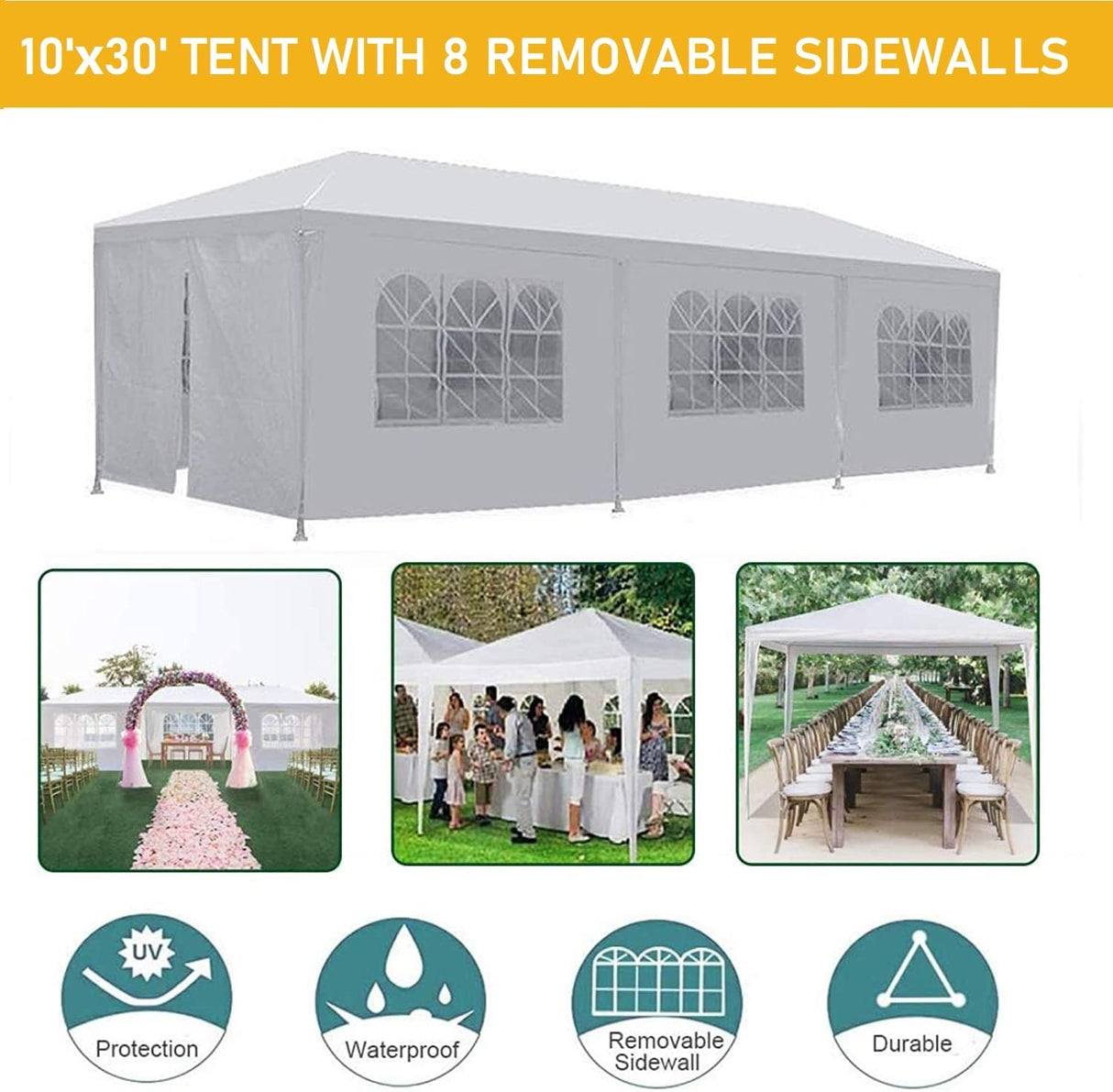 Veryke 10' x 30' Party / Wedding Tent with 8 Removable Sidewalls, White Patio Canopy Tent, Outdoor Patio Gazebo with Spiral Tubes, Waterproof (10' x 30' / 8 Sidewalls) VERYKE