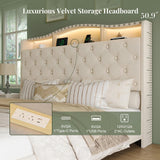 Belffin Queen Size Bed Frame and Headboard, 50.9" Velvet Upholstered Wingback Bedframe with LED Lights & Storage/Charging Station, Button Tufted Tall Footboard, No Box Spring Needed, Noise-Free, Beige Belffin