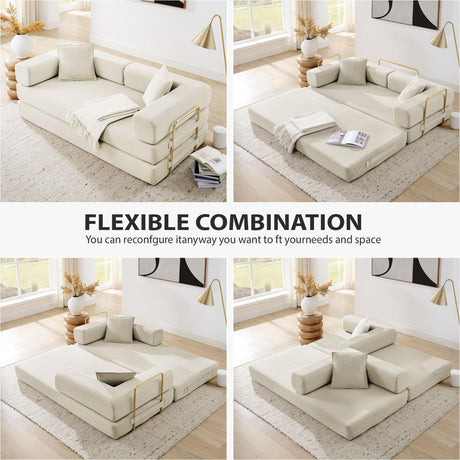 HANXIN 78 Inch Convertible Sleeper Sofa Bed, Folding Floor Mattress Couch with Fixed-Shape Frame, Futon Boneless Couch Lounge Loveseat with Pull Out Bed, No Assembly Required (Beige) HANXIN