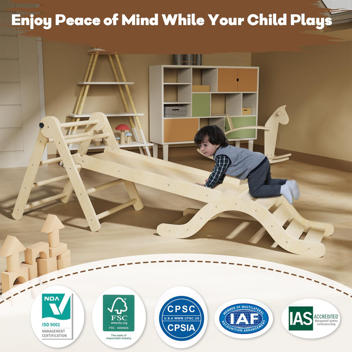 Pikler Triangle Set 7in1 Toddler Climbing Toys Indoor Foldable Baby Climbing Toys Wooden Montessori Climbing Set with Arch, Ramp, Ladder for 1-3 Years, Jungle Gym for Kids (Natural) doowroodni