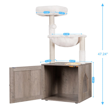 Hey-brother Cat Tree with Litter Box Enclosure, All-in-one Cat Tower for Indoor Cats with Large Hammock, Bed, Food Station, Scratching Posts, Modern Style Pet Furniture, Rustic Gray MPJ100SG