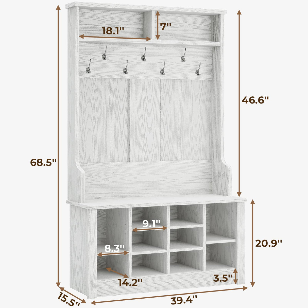 Itaar Hall Tree with Storage Bench, 3-in-1 Entryway Bench with Coat Rack, Adjustable Shoe Storage and Hanging Hooks, Embossed White Itaar