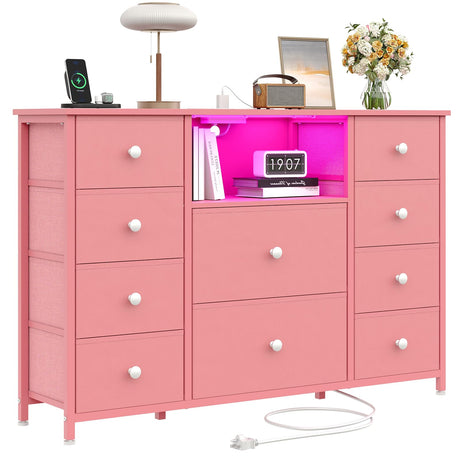 Dresser for Bedroom with 10 Drawers, Pink Storage Organizer TV Stand for 55" TV with LED Lights and Sockets, Fabric Chest of Drawers with PU Finish for Kid Room, Entryway, Living Room, Hallway LIWEIJIA