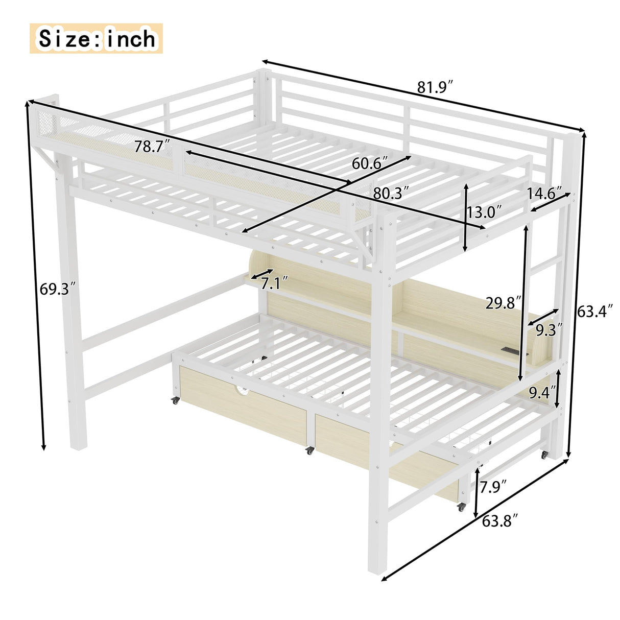 Bellemave Queen Over Queen Bunk Bed Frame with Storage Shelves & Drawers, Metal Bunk Bed Queen Over Queen with Charging Station & LED Lights, Space Saving Beds Frame Convertible to Sofa Design, White Bellemave