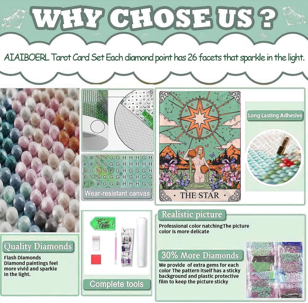 AIBOERL 3 Pack Tarot Diamond Art Kits for Adults,Tarot 5D Full Diamond Round Diamond Painting Kits for Beginners,Stars Sun Moon Theme DIY Full Drill with Diamond Gem Art, Home Wall Decor 12x16Inch AIBOERL