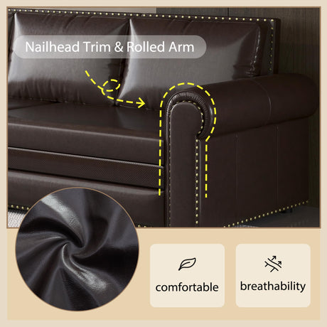 LuxyHoom 93.7" King Size Sleeper Sofa Bed, Pull Out Sofa Bed, Faux Leather Upholstery, 3 in 1 Convertible Sleeper Couch, Chaise Lounge, Retro Recliner for Living Room, Office, Apartment, Dark Brown LuxyHoom