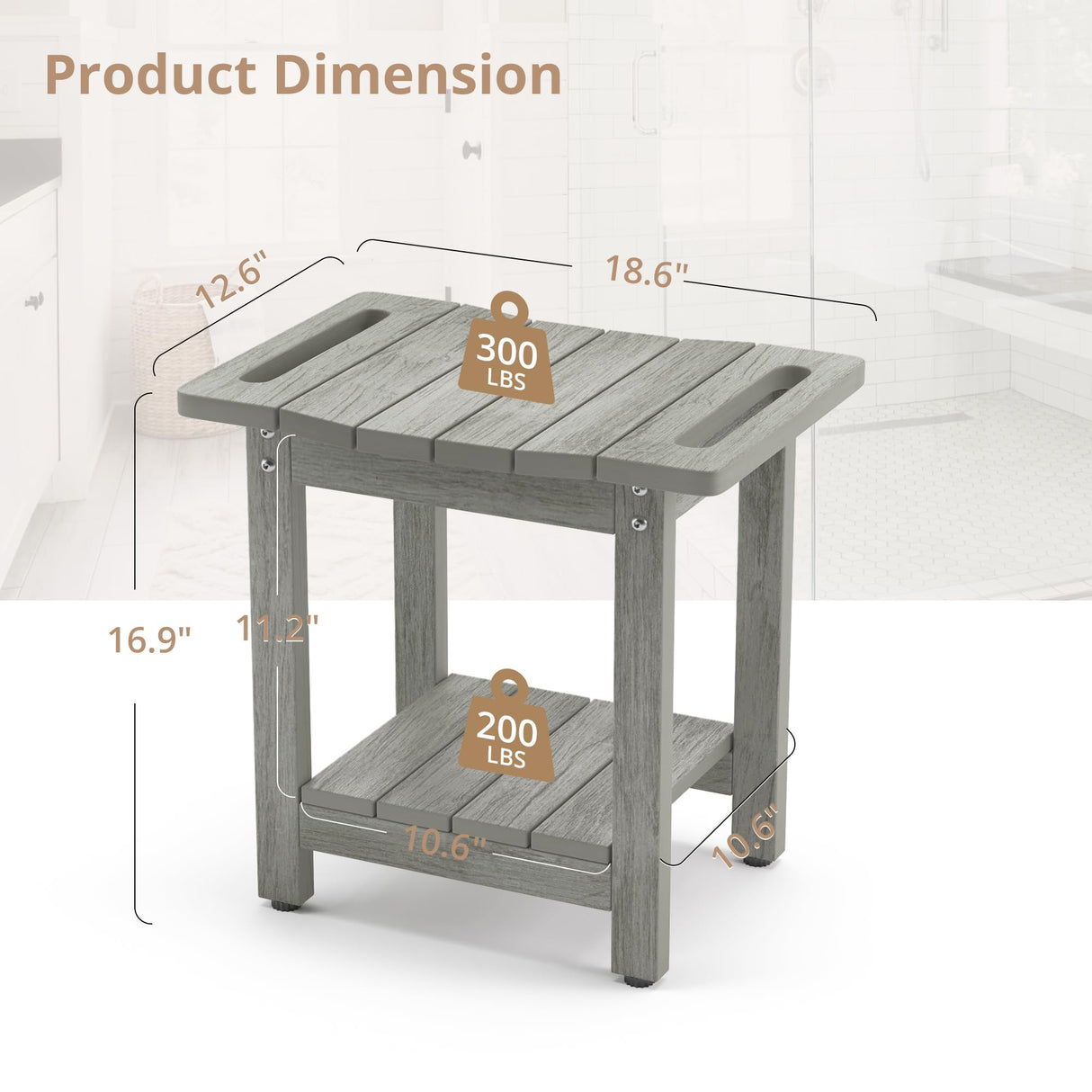 LUE BONA HDPS Shower Benches for Inside Shower, Gray Shower Stool for Shaving Legs with Shelf, Waterproof Shower Chair Seat for Spa Bathroom, Weather Resistant/Non-Slip/Handles/Indoor or Outdoor Use LUE BONA