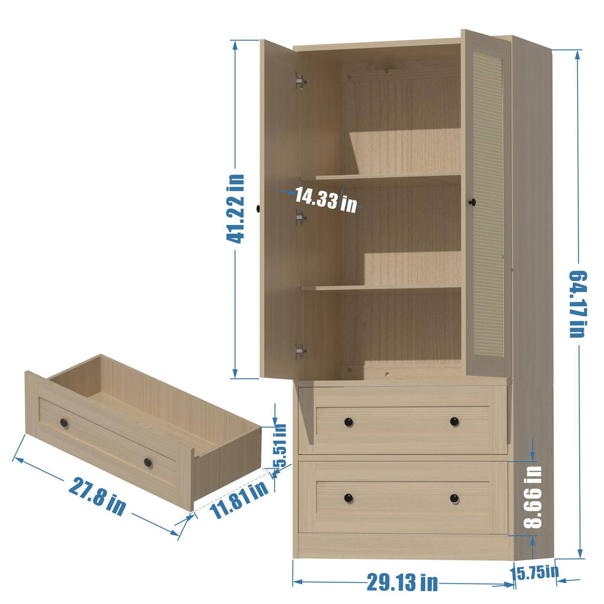 DIYART Rattan Oak Kitchen Pantry Cabinet, 64.2" Tall Kitchen Storage Cabinet with Doors and Drawers, Freestanding Wooden Storage Cabinet for Kitchen, Dining Room DIYART