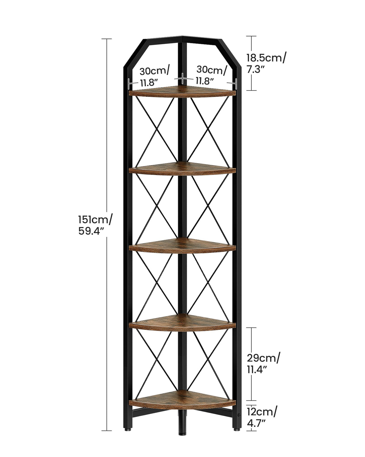 CHOEZON 59.4" Corner Shelf, 5-Tier Industrial Corner Bookshelf, Corner Storage Stand, Plant Stand Display Shelf, Corner Bookcase for Bedroom, Living Room, Home Office, Rustic Brown and Black TCJ10BF CHOEZON