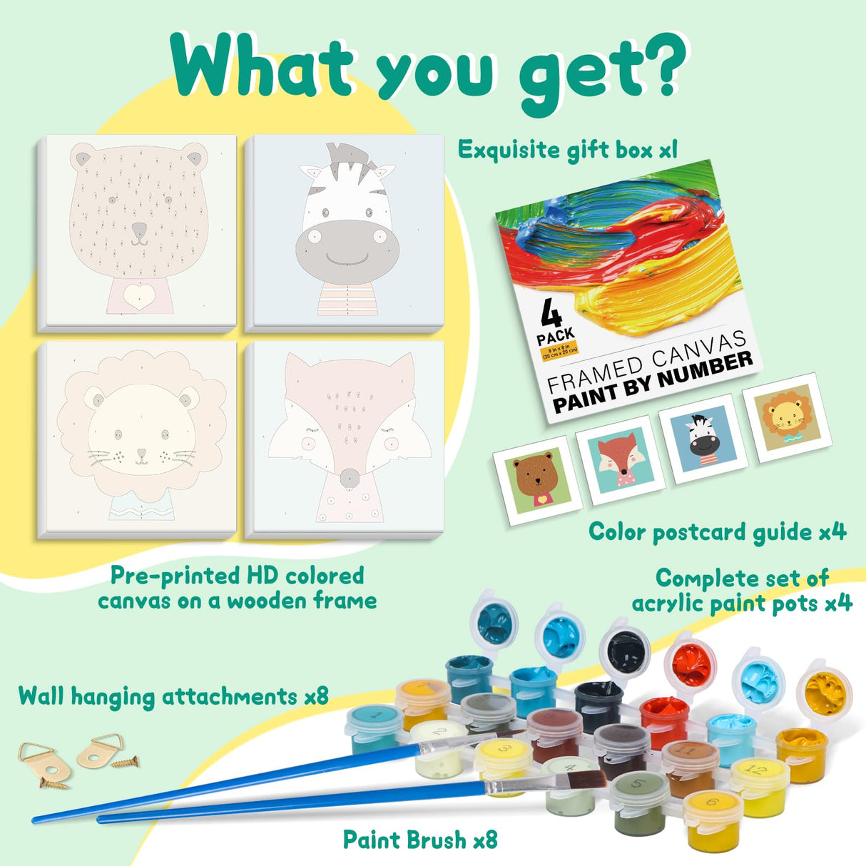 4 Pack Paint by Numbers Kit for Kids with Wooden Frame, Animals Easy Framed Paint by Numbers for Kids Age 4-8-12, DIY Simple Acrylic Oil Kids Painting by Numebrs Kit for Home Wall Decor (8x8 Inch) Offito