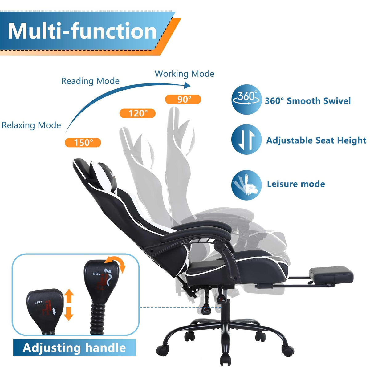 PayLessHere Ergonomic Racing Desk Chair Computer Chair Gaming Chair with Footrest Lumbar Support Headrest Armrest Task Rolling Swivel Ergonomic E-Sports Adjustable PC Gamer Chair, White PayLessHere
