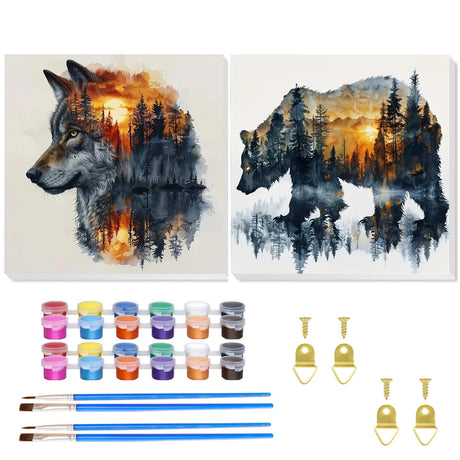 2 Pack Paint by Number for Adults Beginner, Bear Painting by Number Kit, Wolf Easy Acrylic Painting by Number on Canvas, Animal Paint by Numbers for Home Wall Art Decor with Frame (11.8x11.8Inch) Mandun
