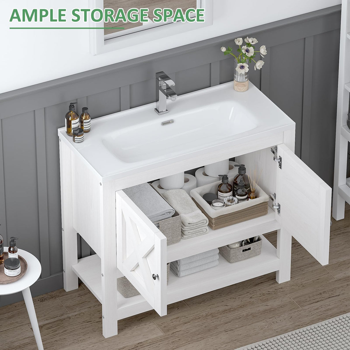 4ever2buy Farmhouse Bathroom Vanity with Sink, 35 Inch Bathroom Vanity Cabinet, Freestanding Vanity, 2 Doors and Open Shelf, Bathroom Cabinet with Ceramic Sink, White 4ever2buy