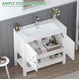 4ever2buy Farmhouse Bathroom Vanity with Sink, 35 Inch Bathroom Vanity Cabinet, Freestanding Vanity, 2 Doors and Open Shelf, Bathroom Cabinet with Ceramic Sink, White 4ever2buy