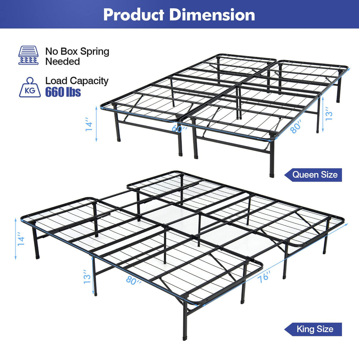 Giantex Folding Bed Frame, Queen/King Size Portable Bed Base for Kids, Teens & Adults, Tool-Free Assembly, No Box Spring Needed, 660 LBS Capacity, Steel Platform Bed Giantex