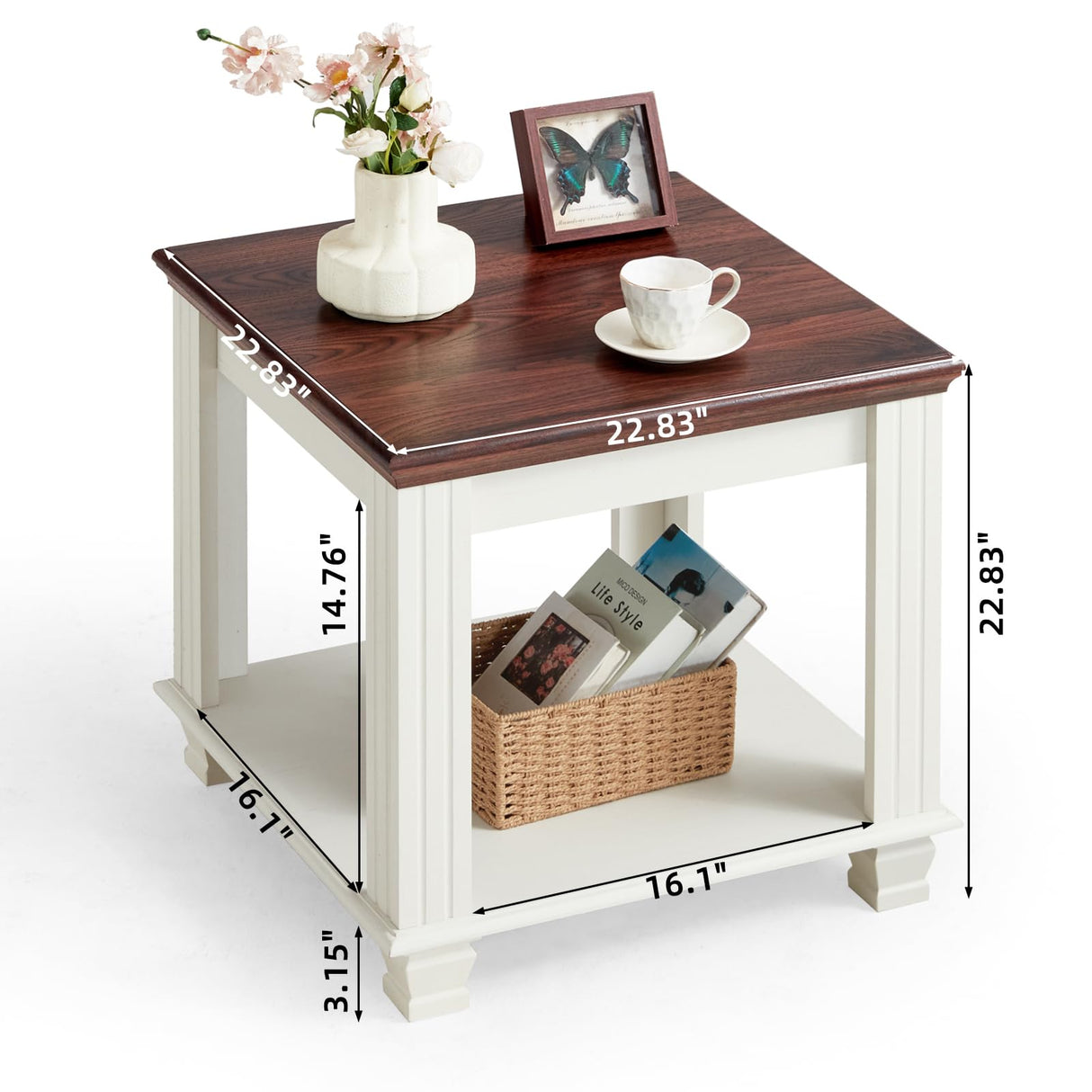 Farmhouse End Table with 2-Tier Storage Shelf, 22.8 inch Side Table for Living Room,Modern Nightstand,Small Bedside Table for Bedroom,White SAVOR LIFE