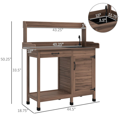 Outsunny Potting Bench Table with Sink, Outdoor Work Bench Table with Storage Cabinet, Hooks, Removable Sink, Faucet and Drawer for Greenhouse, Garden, Patio, Dark Brown Outsunny