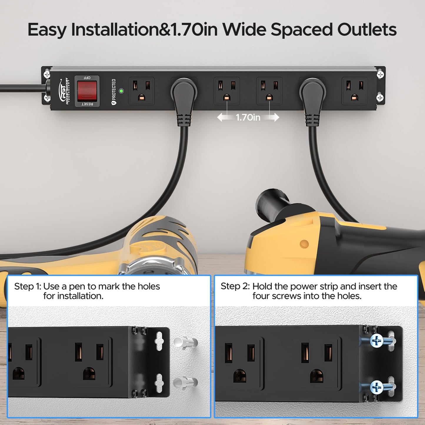 CRST 6 Outlet Heavy Duty Power Strip with Switch, 15A/1875W Metal Mountable Power Strip Surge Protector 2100Joules, Wide Spaced Power Bar for Garage Worshop Home School, 6 FT Cord - WoodArtSupply