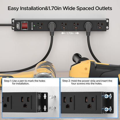 CRST 6 Outlet Heavy Duty Power Strip with Switch, 15A/1875W Metal Mountable Power Strip Surge Protector 2100Joules, Wide Spaced Power Bar for Garage Worshop Home School, 6 FT Cord - WoodArtSupply