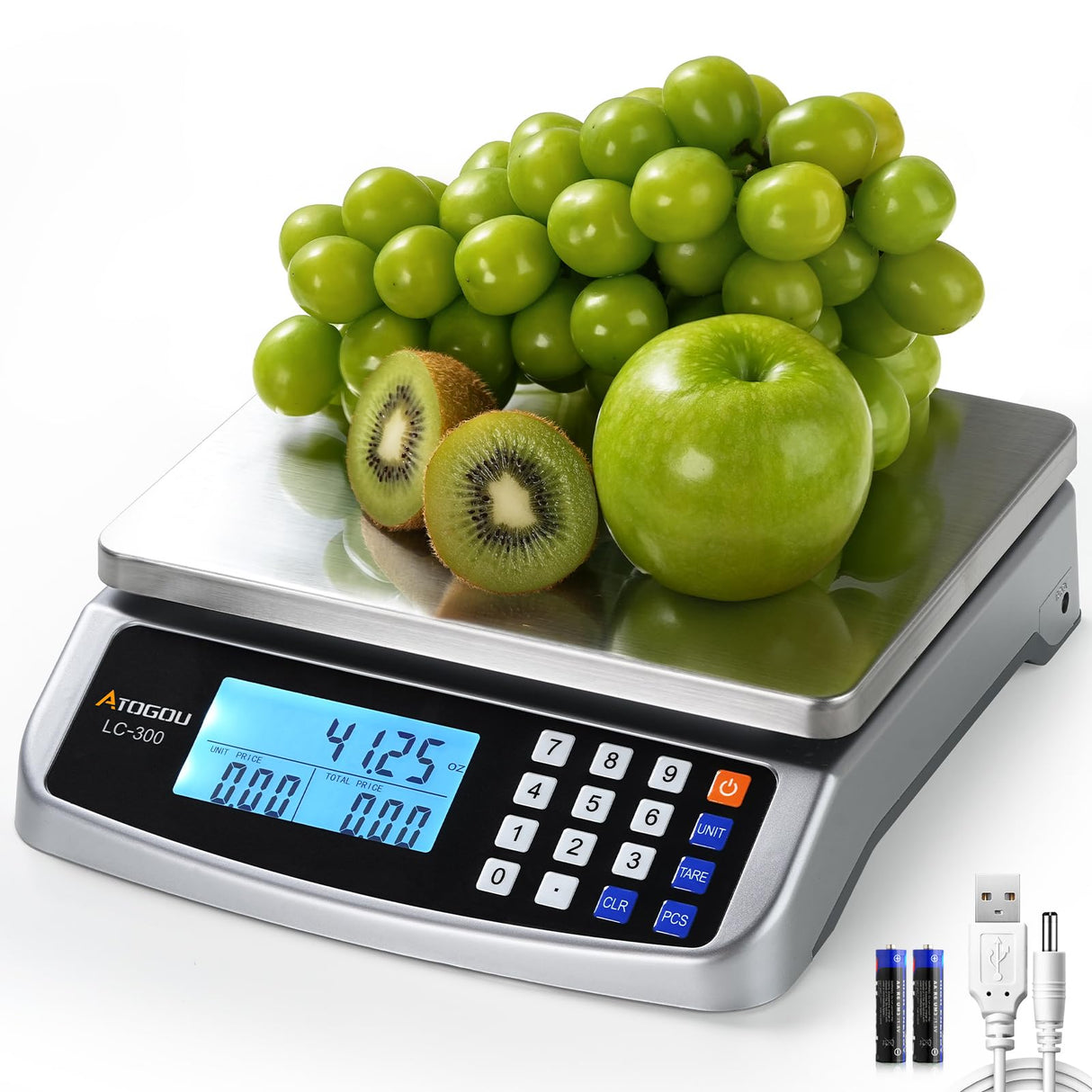 ATOGOU 66lb Food Scale, Commercial Kitchen Scale with Price Computing, Plug-in Usable, 0.05oz/1g, 304 Stainless Steel, for Cooking, Vegetables, Farm, Industry, Counting. LC300 Silver Atogou