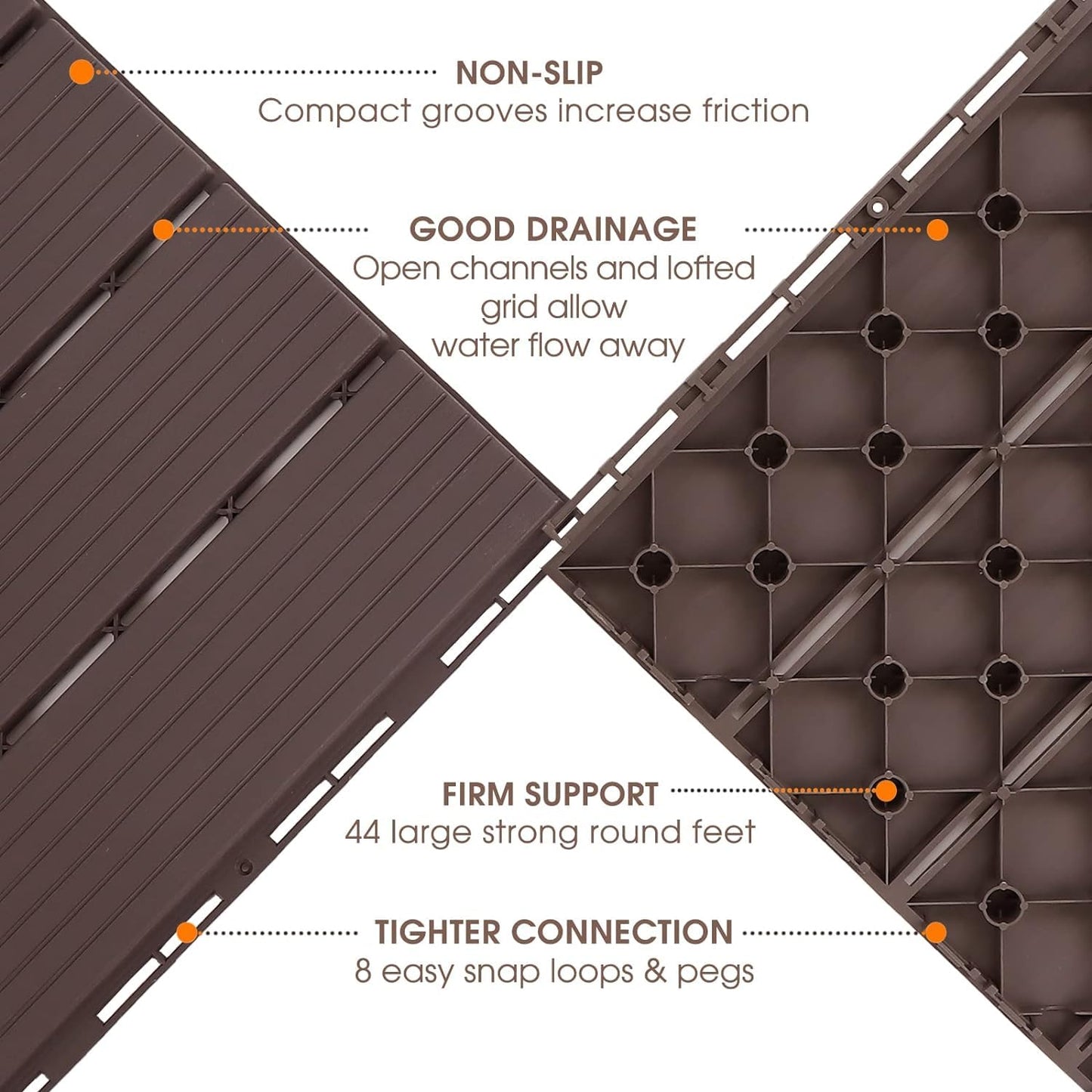 Interlocking Deck Tiles, 12 PCS 12” x 12” Patio Tiles Waterproof Plastic Outdoor Flooring Covering All Weather for Walkway Front Porch Poolside Balcony Backyard, Brown