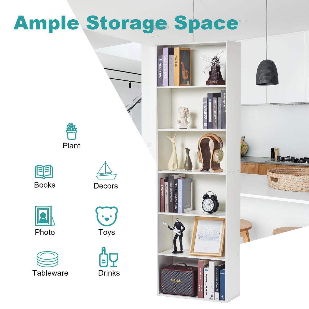 OneBlis 6-Tier Book Shelf, Floor Standing Open Bookcase, Wooden Display Storage Shelves with Anti-Tipping Device, 71" Tall Bookshelf for Bedroom, Living Room and Office, White OneBlis