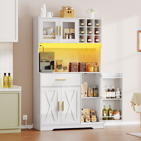 HOOBRO Pantry Cabinet with LED Lights and Charging Station, Kitchen Pantry Cabinet, 71" Tall Farmhouse Pantry with Microwave Shelf, Door Shelves, Wine Rack and Glass Holder, White WT10UDPC01 HOOBRO