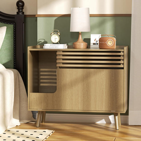 Halitaa Cat Litter Box Enclosure,Mid-Century Modern Hidden Litter Box Furniture with Cat Scratch Pad,Flip-Down Opening Litter Box Cabinet Cat Washroom End Table,Natural Halitaa