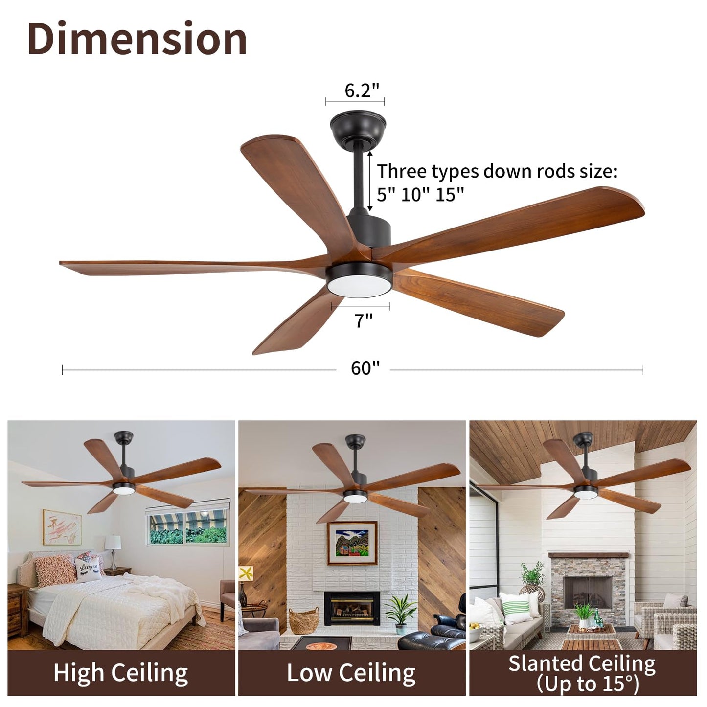 60 inch Outdoor Ceiling Fans for Patios, Natural Solid Wood 60 inch Ceiling Fan with Light, 6 Speeds Quiet Reversible & 3-Color Light, Modern Ceiling Fan for Kitchen, Bedroom, Patio - WoodArtSupply