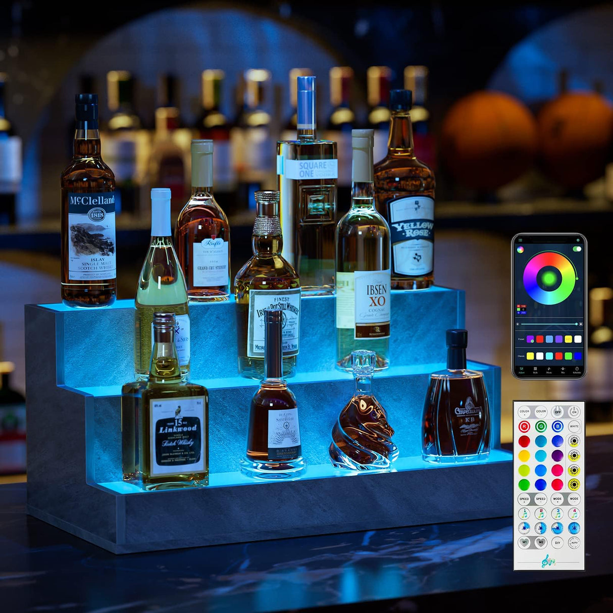 Bingoday 2 Pack LED Liquor Display Shelves Lighted Liquor Bottle Display Shelf with Acrylic Board Bar Display Stand for Home Bar Liquor Cabinet Decor (Grey, 3 step-24in) Bingoday