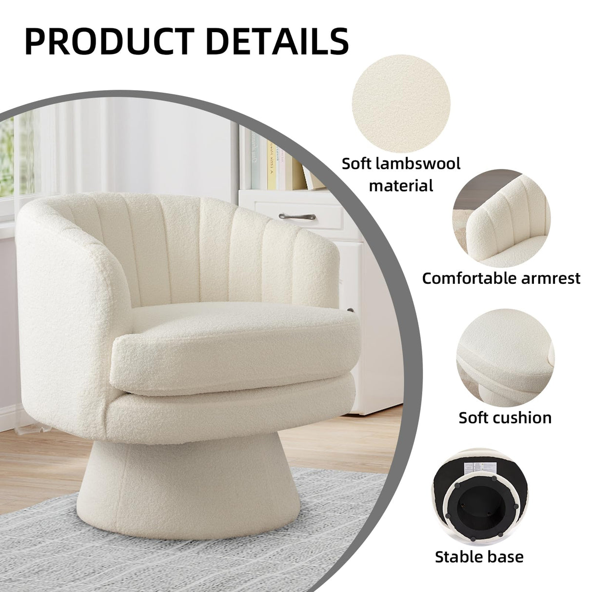 Phoenix Home Swivel Barrel Accent Chair, Mid Century 360 Degree Swivel Barrel Chair, Overstuffed Round Reading Lounge Chair Berber Fleece, Ideal for Living Room, Bedroom, Living Room, Office, Beige Phoenix Home