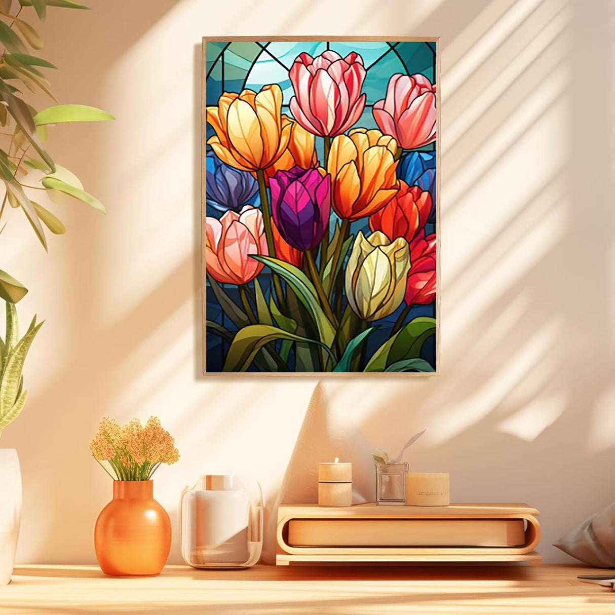 Mowana Paint by Numbers Kit for Adults Beginners, Stained Glass Tulips Paint by Number Kits on Canvas with Frame and Easel for Gift and Home Wall Decor (8 * 12 Inch) Mowana