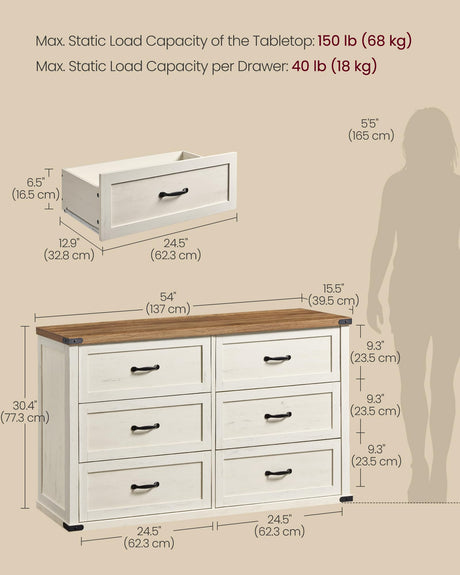 VASAGLE LIRY Collection - 6-Drawer Dresser for Bedroom, 54-Inch Wide Modern Farmhouse Chest of Drawers with Metal Handles, TV Stand, for Living Room, Entryway, Anti-Tipping, Rustic White ULTS661WJ01S VASAGLE