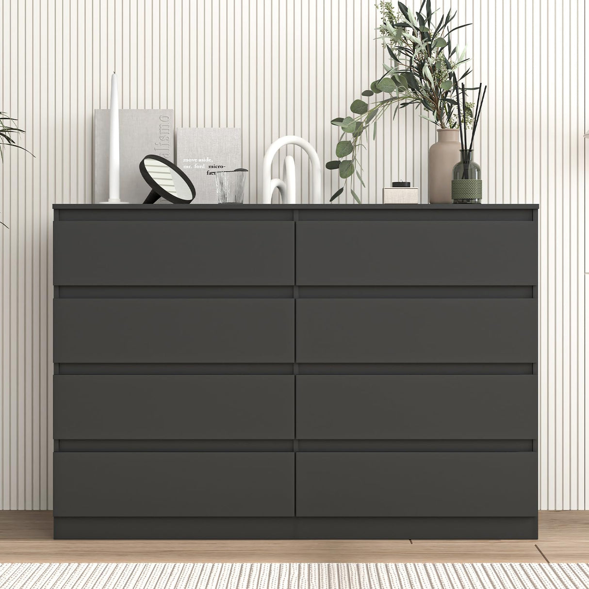 Vibe & Dine 8 Drawer Double Dressser, Modern Chest of Drawers with Wide Storage for Closet, Bedroom, Living Room, Black Vibe & Dine