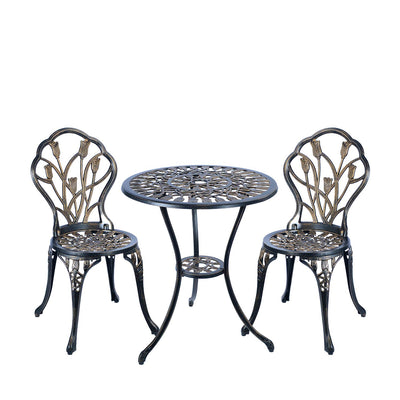 CG 3 Piece Bistro Set, Outdoor Patio Set, Anti-Rust Cast Aluminum Bistro Table Set for Park Yard Front Porch Furniture, Tulip, Antique Copper