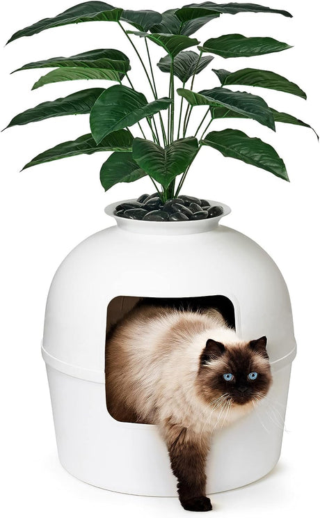 Secret Litter Box by Bundle & Bliss - Hidden Litter Box Enclosure, Patented Design with Odor Control, Includes Faux Plant, Carbon Filter and Real Stones Vivid White Bundle & Bliss
