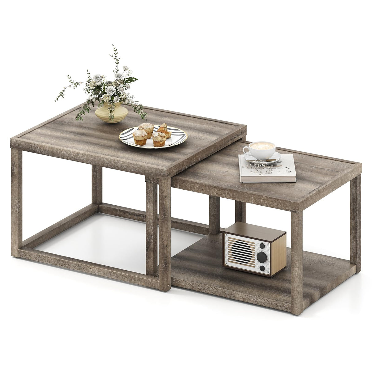Giantex Nesting Coffee Table Set of 2, Stackable 2-Tier End Tables with Storage Shelf, Rubber Wood Frame, Farmhouse Nesting Tables for Living Room Bedroom Small Space, Grey Oak Giantex