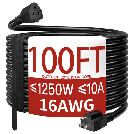 Skrizcable 16/3 100 Ft Outdoor Extension Cord Waterproof, Weatherproof & Flame Retardant Black 3 Prong Power Cord Outside for Lawn & Garden, 10 Amps 1250 Watts 125 VAC 16AWG SJTW, ETL Listed Skrizcable