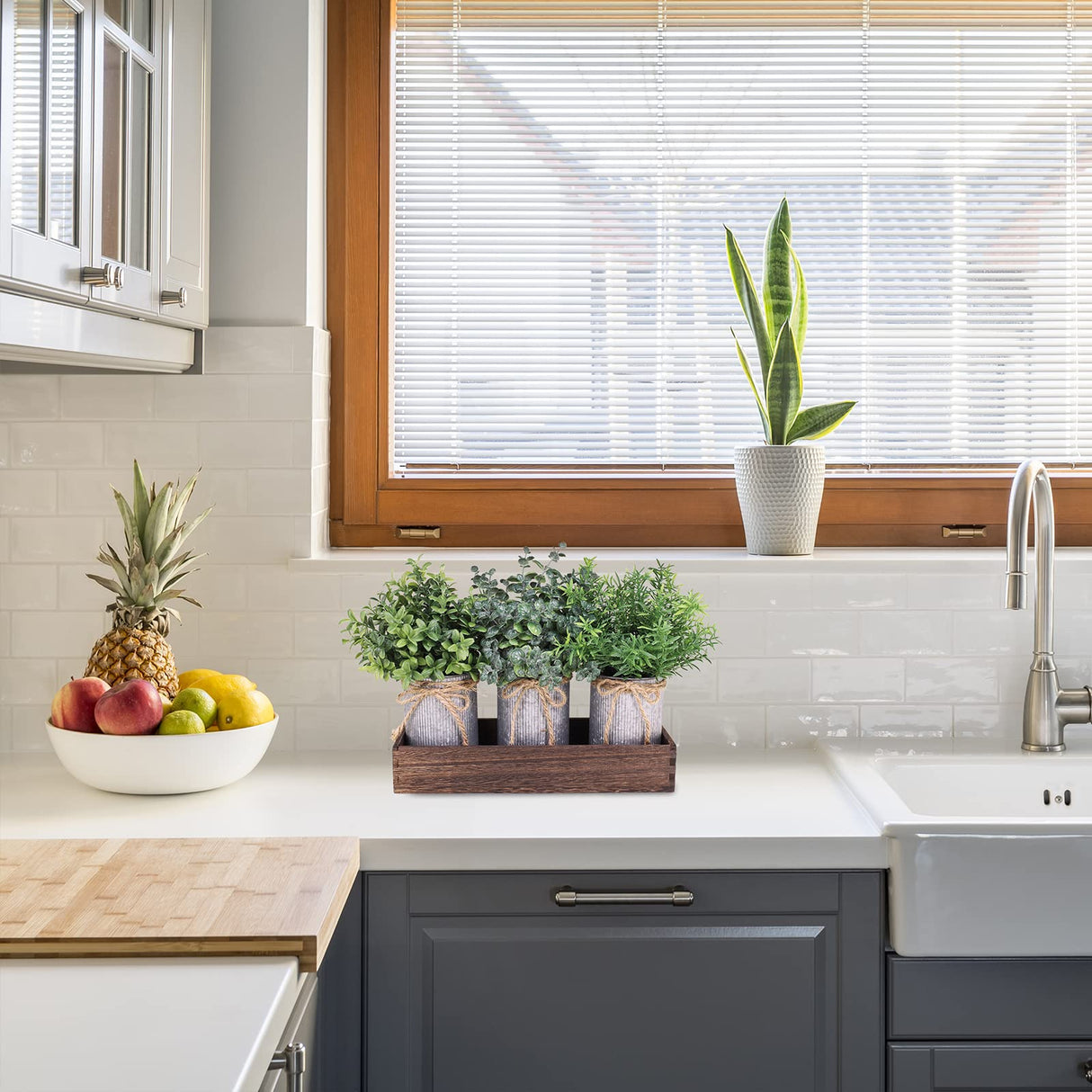 Set of 3 Mini Potted Plants Arrangement Faux Boxwood Eucalyptus Rosemary Plants in Rustic Galvanized Metal Pots with Rectangle Wood Box for Farmhouse Table Centerpiece Mantel Kitchen Greenery Decor Winlyn