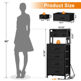 REAHOME 41 Inch Tall Nightstand with Charging Station, LED Night Stand with 6 Fabric Drawers, Bed Side Table with 3-Tier Wood Storage Shelves for Bedroom, Office, Small Spaces, Dark Gray REAHOME