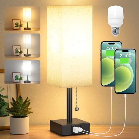 Bedside Table Lamp with 3 Color Temperatures - 3000/4000/5000K Small Lamp with USB C+A Ports, Nightstand Lamp with 3 Color Modes by Pull Chain, Bedroom Lamp for Living Read Work(LED Bulb Included) aooshine