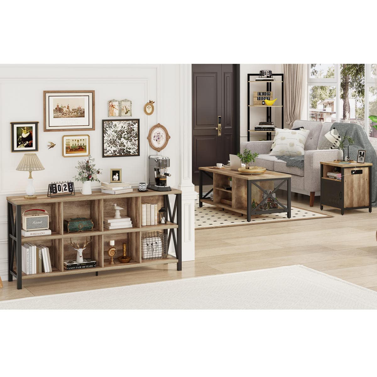 FATORRI 8 Cube Storage Organizer Bookshelf, Rustic Wood Cubby Bookcase, Industrial Horizontal Long Shelf for Living Room (Rustic Oak, 62 Inch) FATORRI