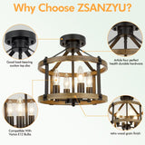 12.5" Farmhouse Semi Flush Mount Ceiling Light,4 Light Drum Rustic Semi Flush Ceiling Light,Black+Vintage Wood-Look Finish Semi Flush Light Fixture for Bedroom、Hallway、Kitchen、Laundry Room ZSANZYU
