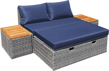 Devoko Patio Day Bed Outdoor Daybed Set Multifunctional Rattan Lounge Bed with 2 Side Tables for Backyard Porch Poolside Lawn Beach (Navy Blue) Devoko