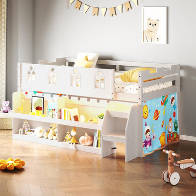 JOYMOR Low Loft Bed with LED Lights, Twin Loft Bed with Stairs, Safety Guardrail, Curtain, Wooden Bed Frame for Kids with Storage Bookcase and Under-Bed Play Space (White)