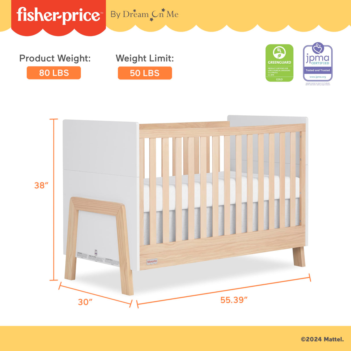 Dream On Me Fisher Price Iris 4-in-1 Convertible Crib in Vintage White Oak, JPMA & Greenguard Gold Certified, Crafted from New Zealand Pine Wood Dream On Me