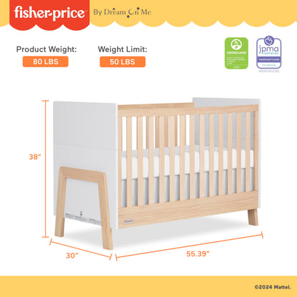 Dream On Me Fisher Price Iris 4-in-1 Convertible Crib in Vintage White Oak, JPMA & Greenguard Gold Certified, Crafted from New Zealand Pine Wood