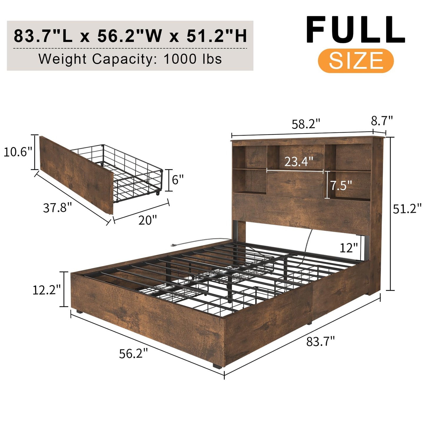 LUXOAK Rustic Brown Full Size Bed Frame with LED Bookcase Headboard, Charging Station & 4 Drawers – No Box Spring Needed - WoodArtSupply